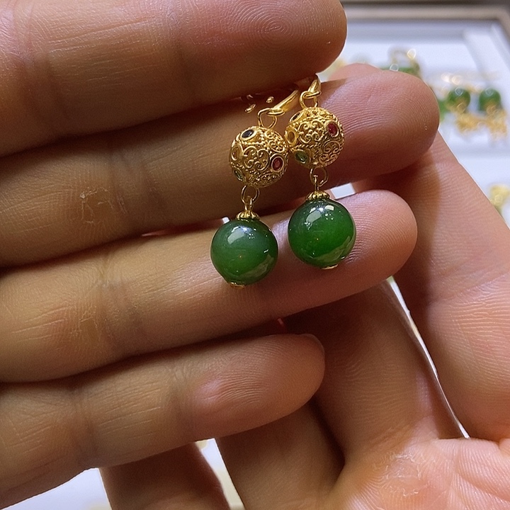 和田玉银S925镀金镶嵌耳饰