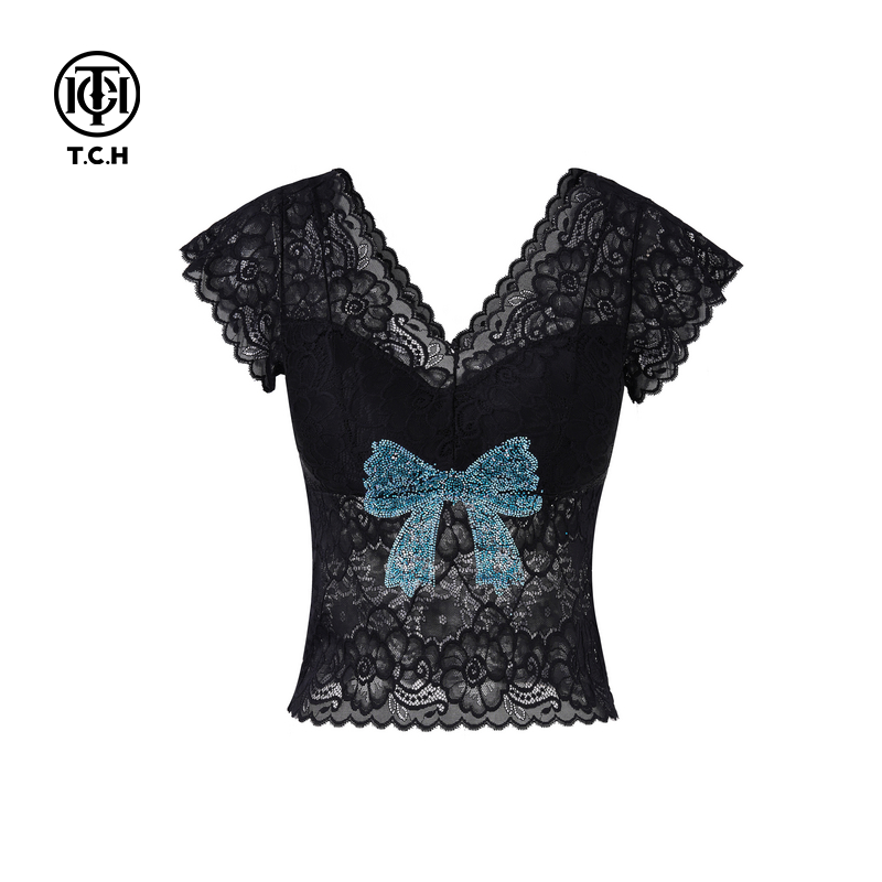 TCH-2025春季新款蕾丝烫钻蝴蝶结时尚休闲背心T75A03E5020
