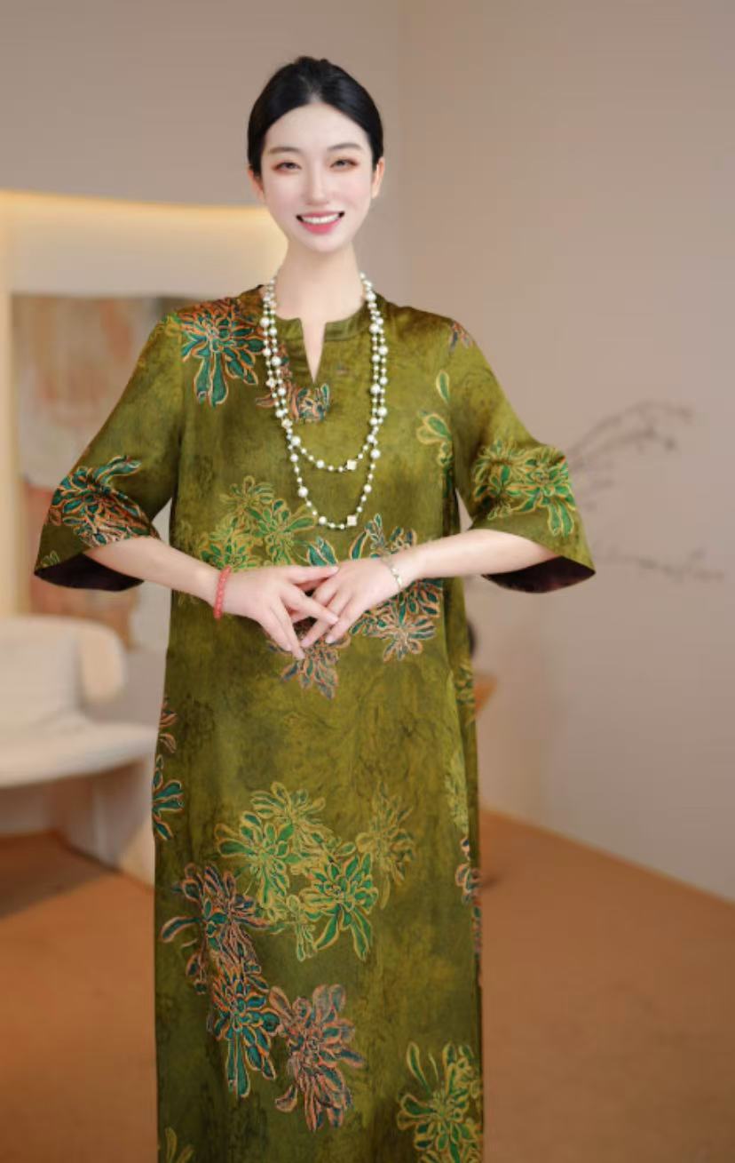 [昙花现]新中式国风妈妈装修身显瘦连衣裙女