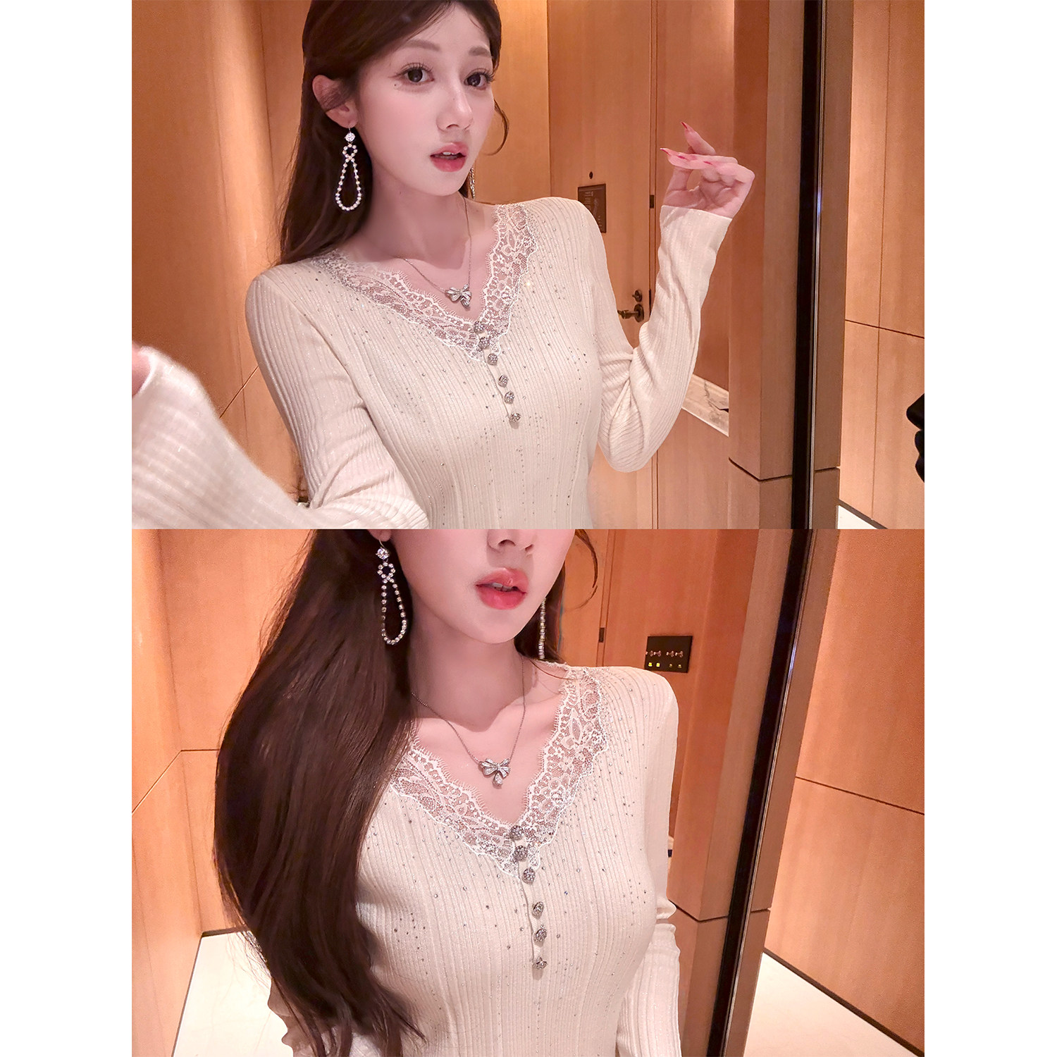 盈瓷品质｜蕾丝绣花羊毛衫女冬季上衣内搭修身烫钻针织衫25FW1316