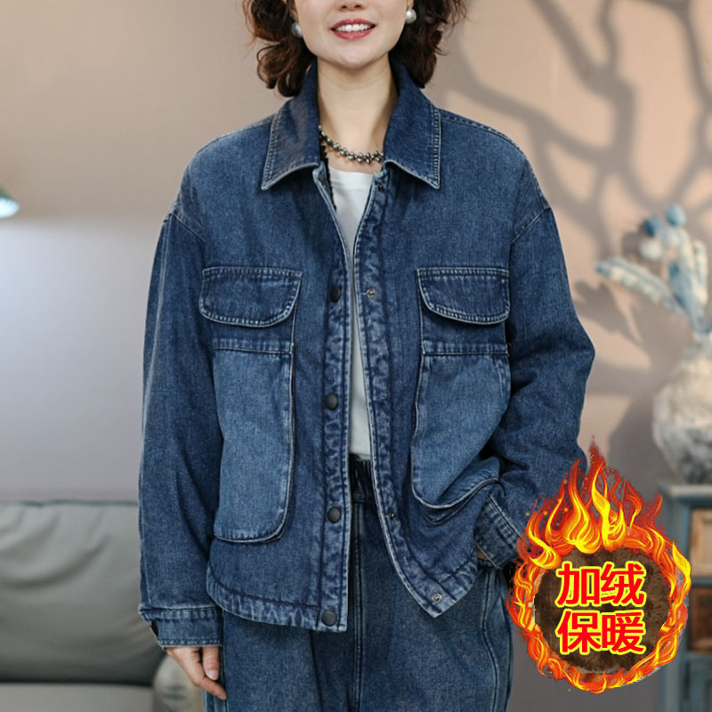 8921蓝色牛仔棉衣加绒加厚2025冬季新款棉服外套宽松时尚洋气