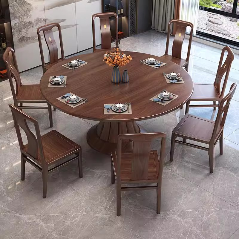 北美黑胡桃米实木餐桌椅组合带转盘大圆桌家用吃饭桌餐厅餐桌餐椅