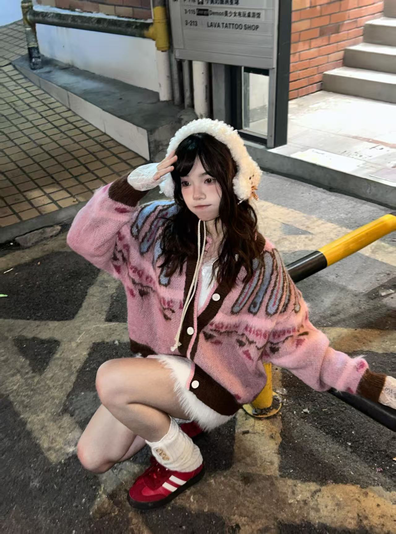 费尔岛韩系提花针织开衫女秋冬新款软糯新款慵懒风百搭粉色上衣