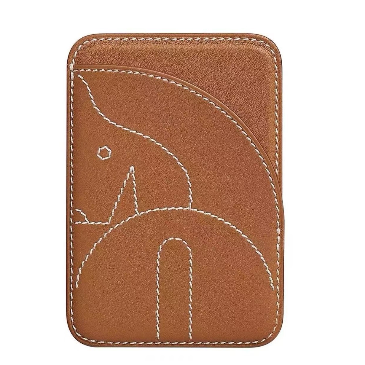 未使用 Hermes/爱马仕 Magsafe Hedgehog棕色刺绣图案卡包 