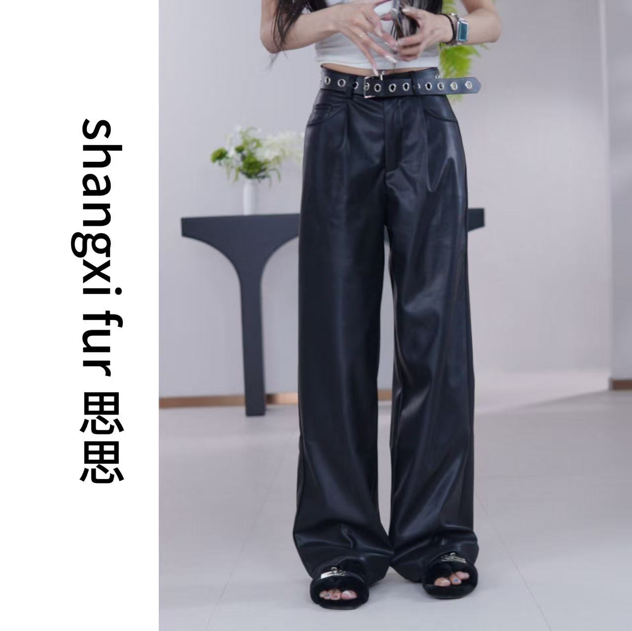 2025新款阔腿裤高腰直筒休闲百搭时尚显瘦拖地垂感皮裤8618