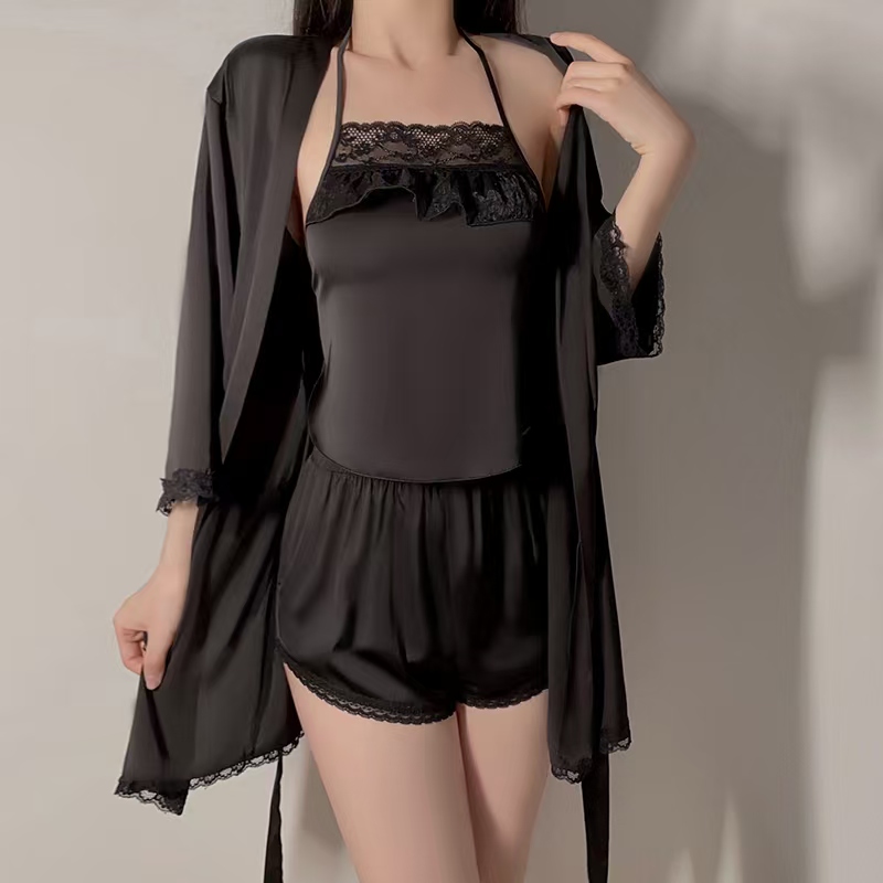 伴眠【80~130】丝滑缎面性感挂脖系带蕾丝拼接肚兜短裤外袍家居睡衣