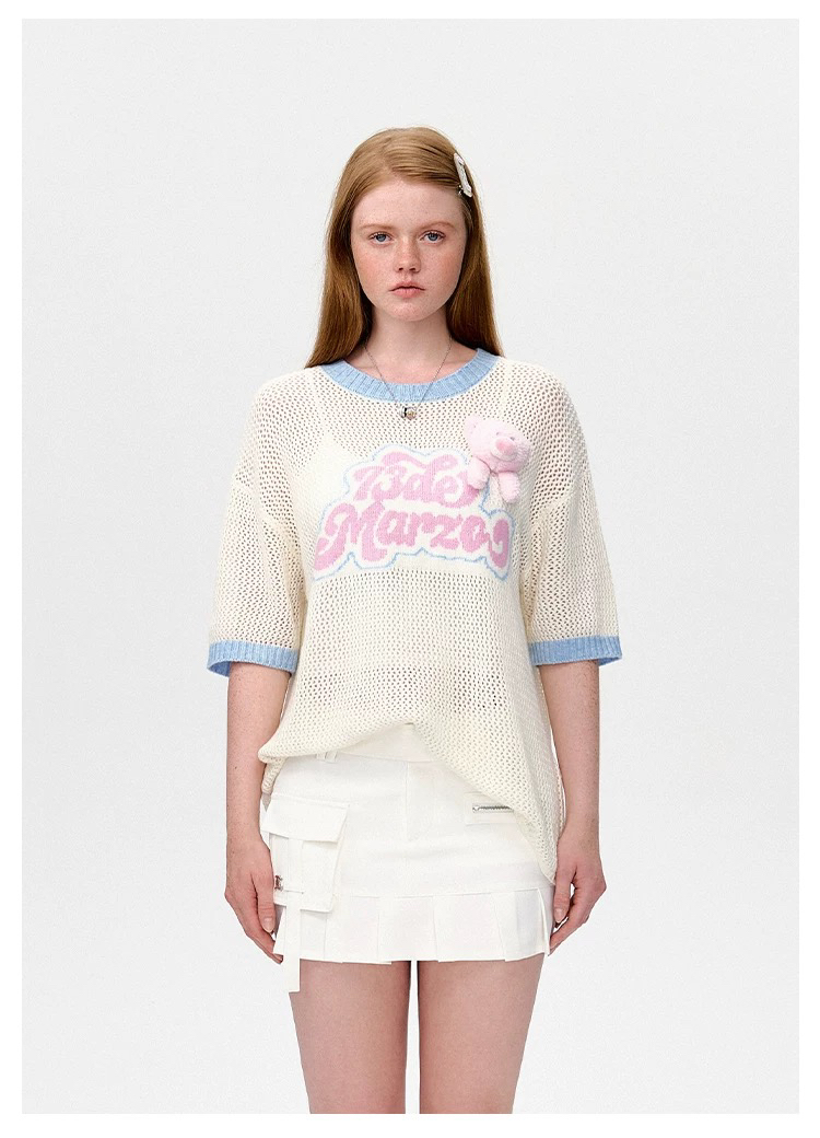 13DE MARZO女士 25早春新款针织镂空短袖撞色logo宽松圆领百搭T恤