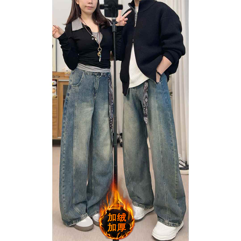 秋季新款美式高街潮牌阔腿弯刀牛仔裤男生大码宽松直筒拖地长裤子