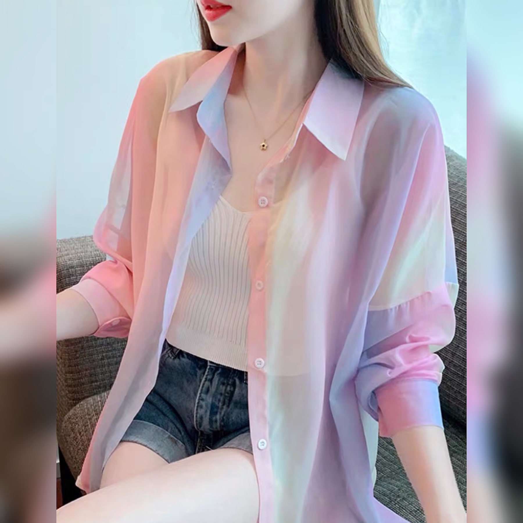 女士夏季薄款长袖彩虹防晒衣时尚洋气海边外搭开衫外套百搭宽松