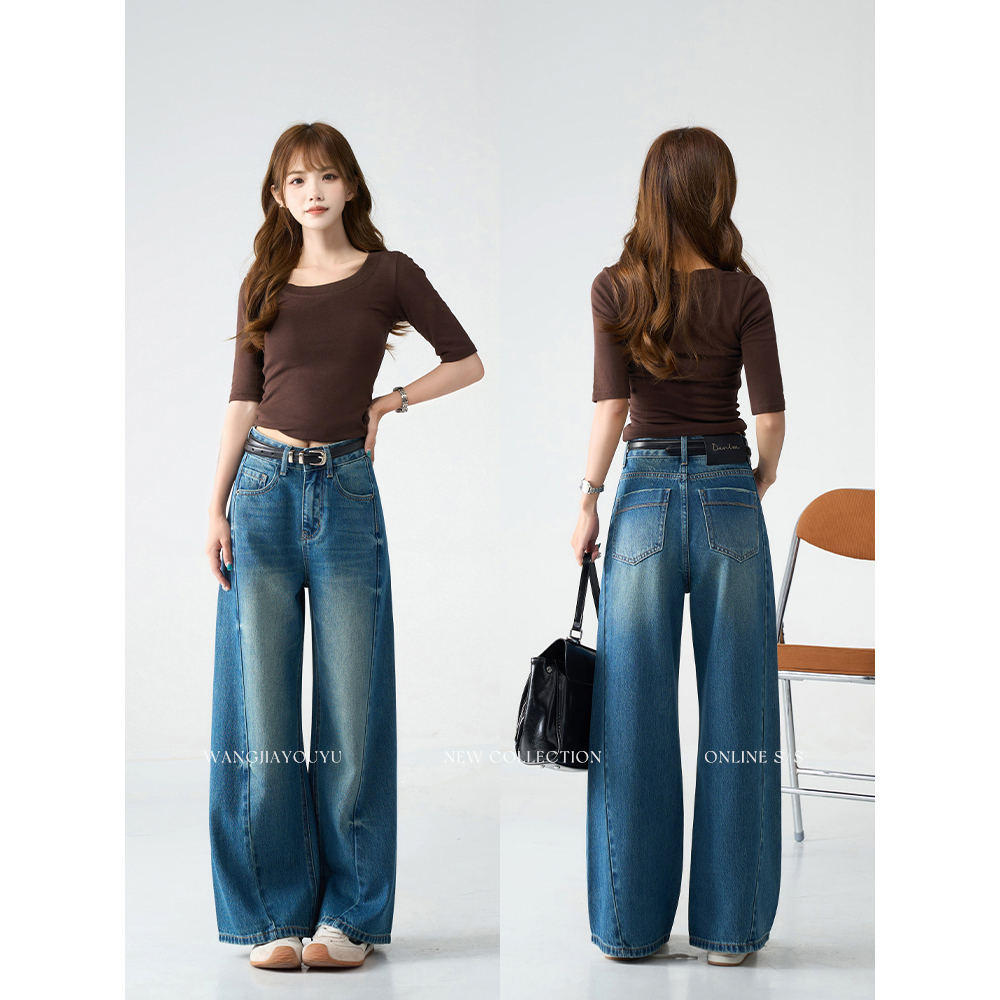 王家有鱼【小个子定制】秋季新款复古蓝阔腿裤女2025爆款高腰牛仔裤