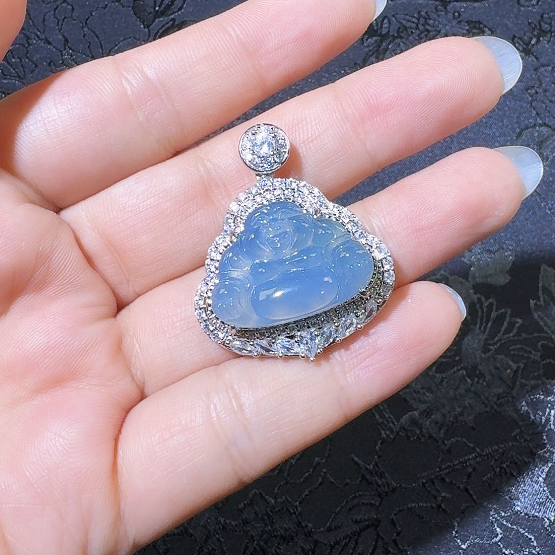 翡翠吊坠(不含链)银S925镶嵌佛公