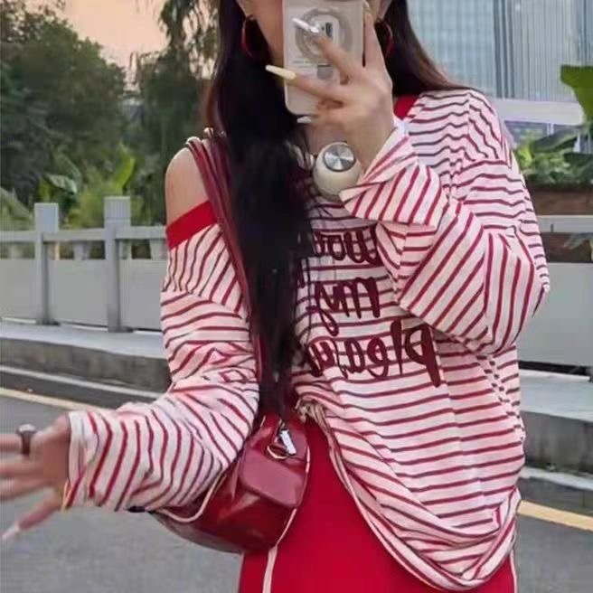 韩系慵懒风条纹字母印花斜肩长袖显瘦休闲百搭高质感防晒上衣