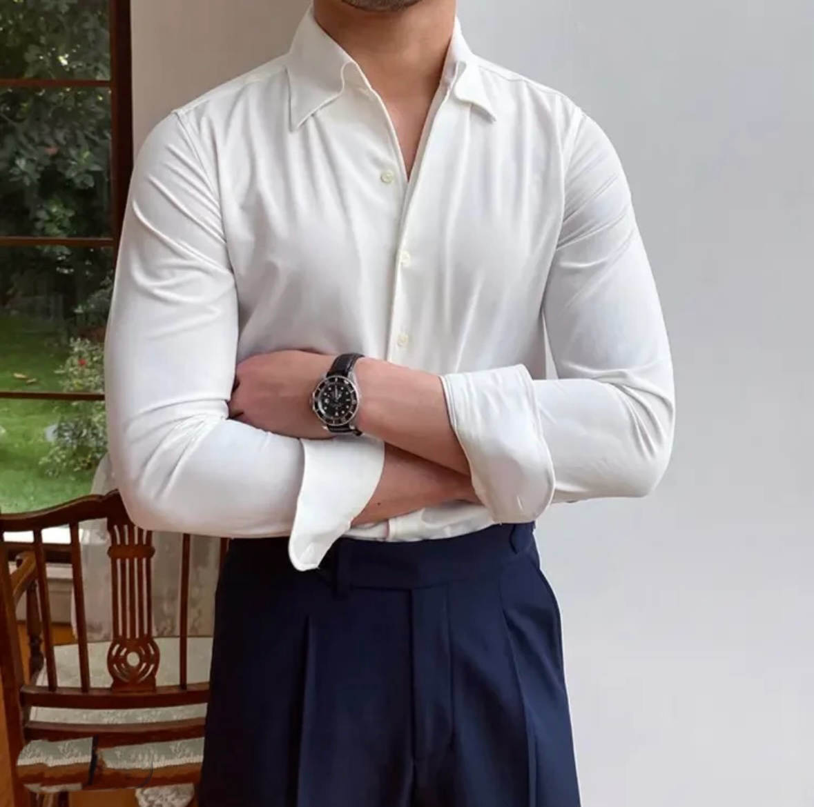 春夏新款男士简约修身长袖白色意式片领衬衫衬衣时尚休闲百搭潮流