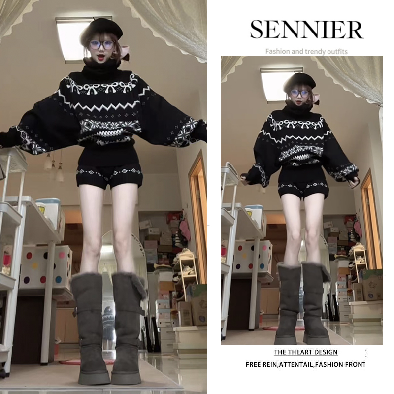 2025秋季新款时尚穿搭女复古费尔岛套头针织长袖百搭短裤两件套装
