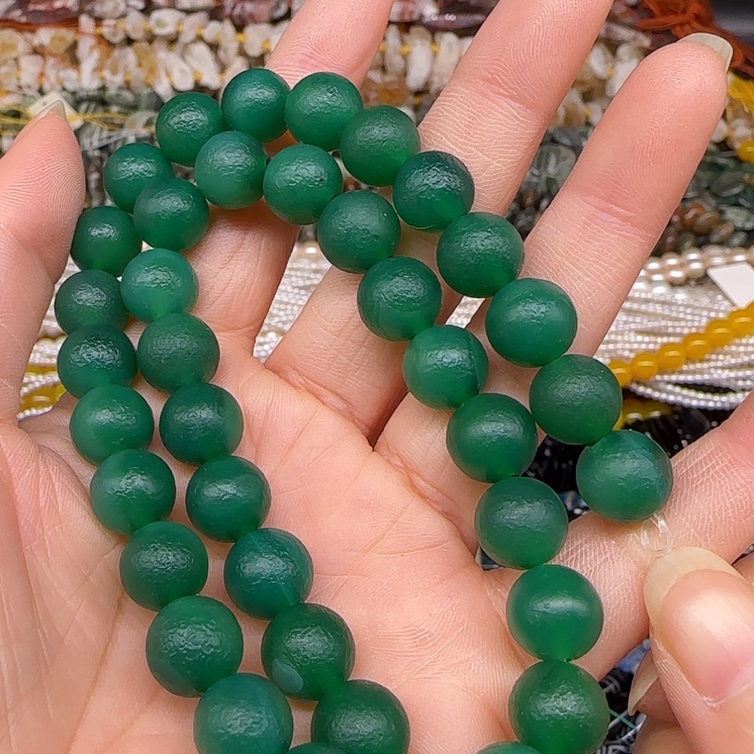 玛瑙/玉髓合金珠宝半成品橘皮绿玛瑙10mm一条