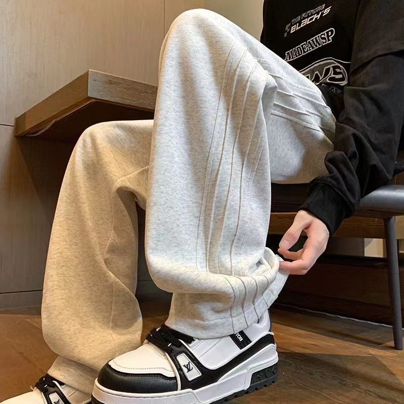 潮牌百搭运动卫裤男春秋季美式复古灰色阔腿裤子青少年垂感休闲裤