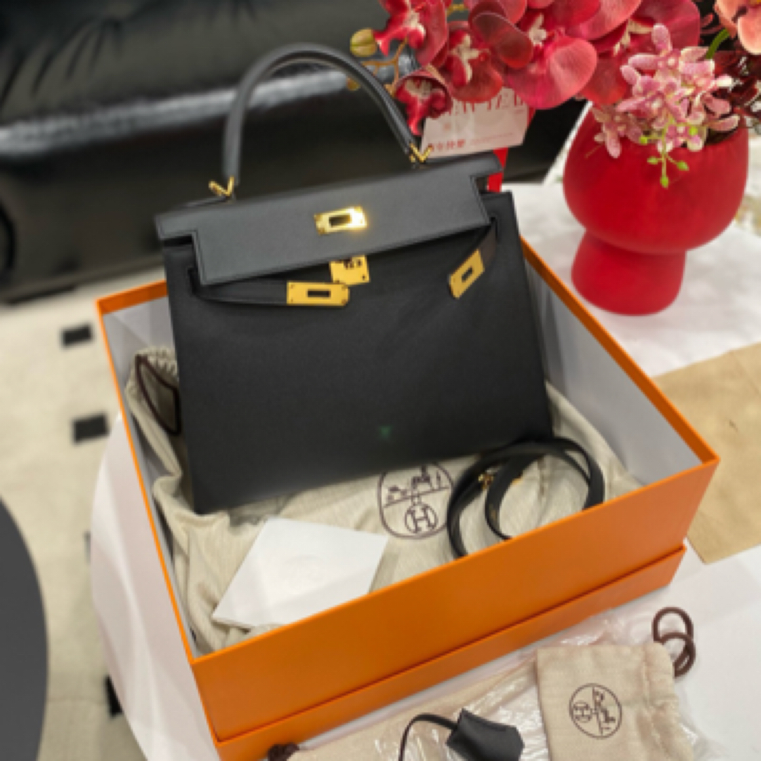 99新 Hermes/爱马仕 kelly28/黑金/大全套/手提包