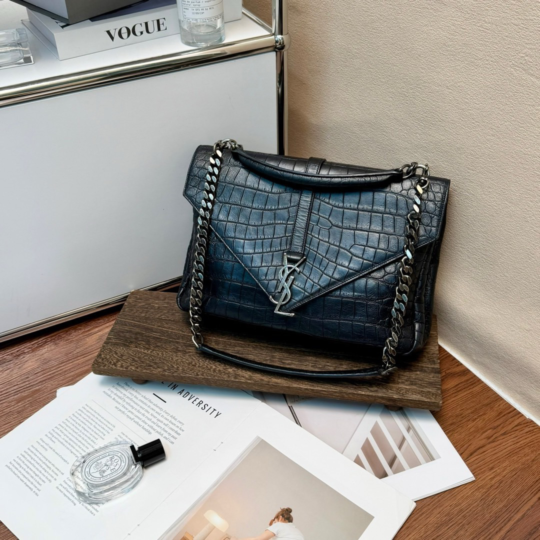 95新 YSL/圣罗兰 Ysl 黑银 鳄鱼压纹牛皮 邮差包中号 /622583880