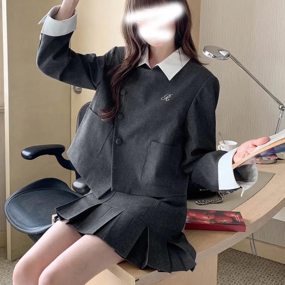 高级感深灰色西装外套百褶半身裙时尚秋季韩系学院风套装