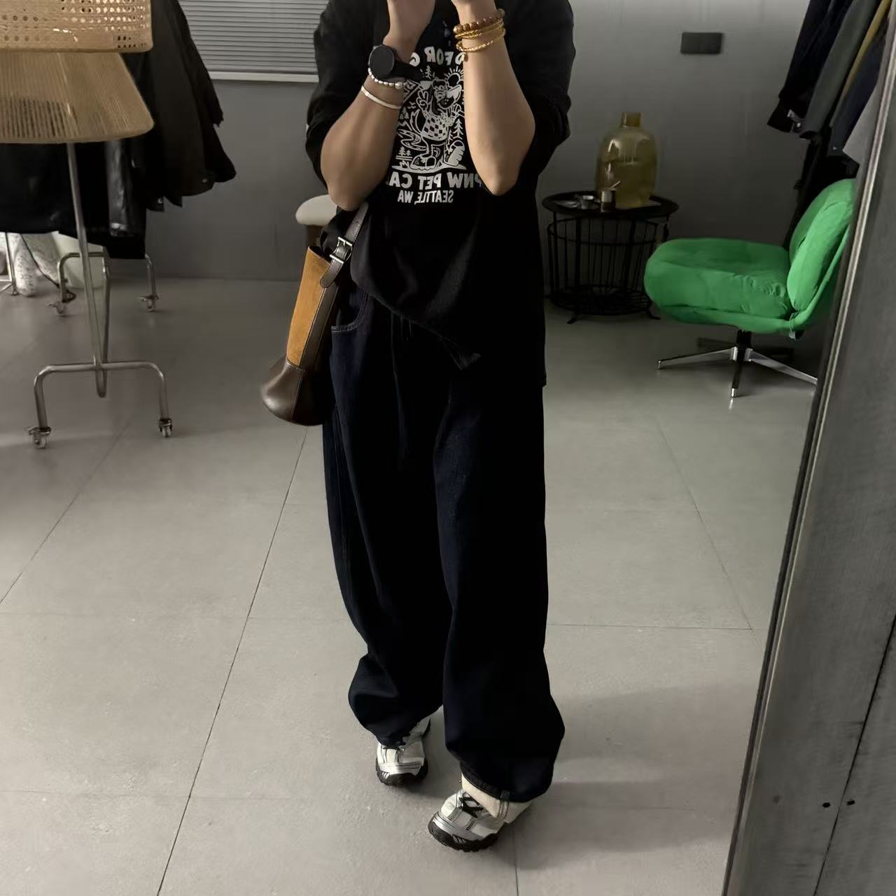 SISTERS【时髦裤】蓝色牛仔一体绒拼松紧腰长裤