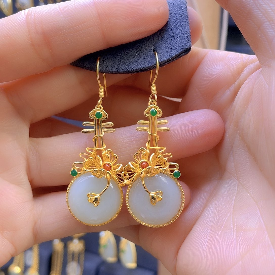 和田玉耳饰银S925镀金镶嵌