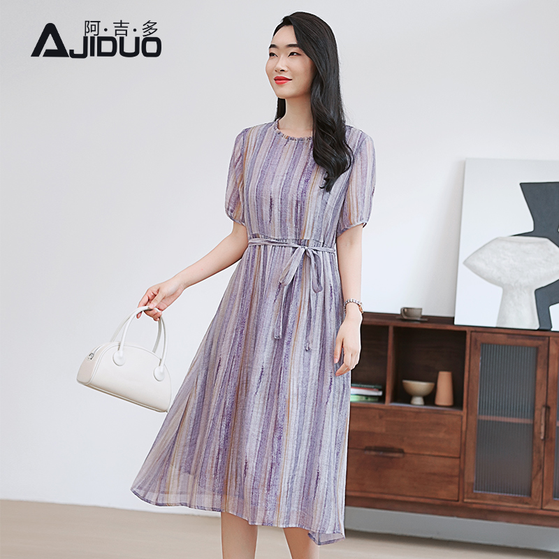 阿吉多法式优雅短袖连衣裙女夏季新款系带收腰高级感妈妈条纹裙子