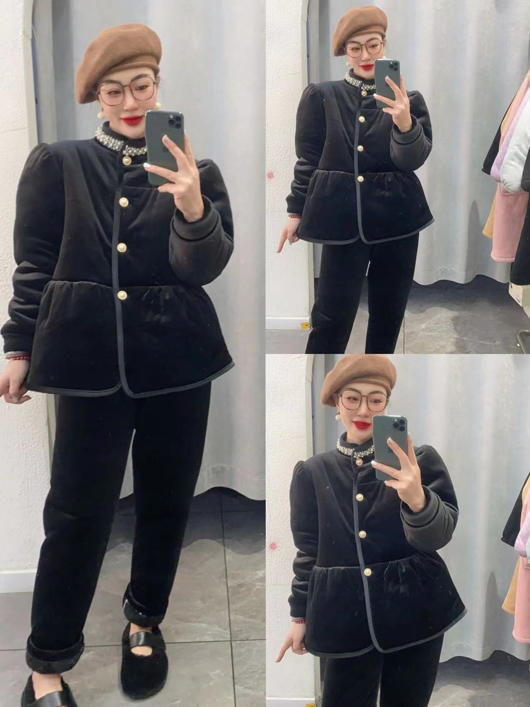 丝绒珍珠领家居服套装