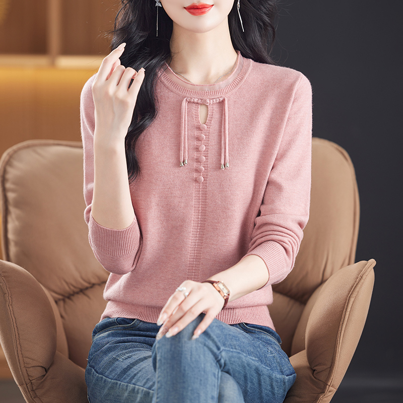 2025春秋款圆领女针织衫蕾边纯色简约时尚气质百搭上衣洋气秋季
