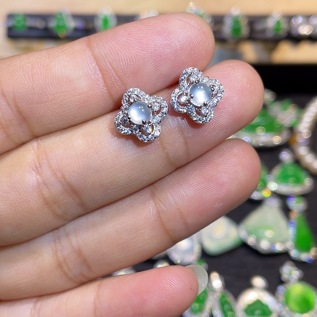 翡翠银S925镶嵌耳钉