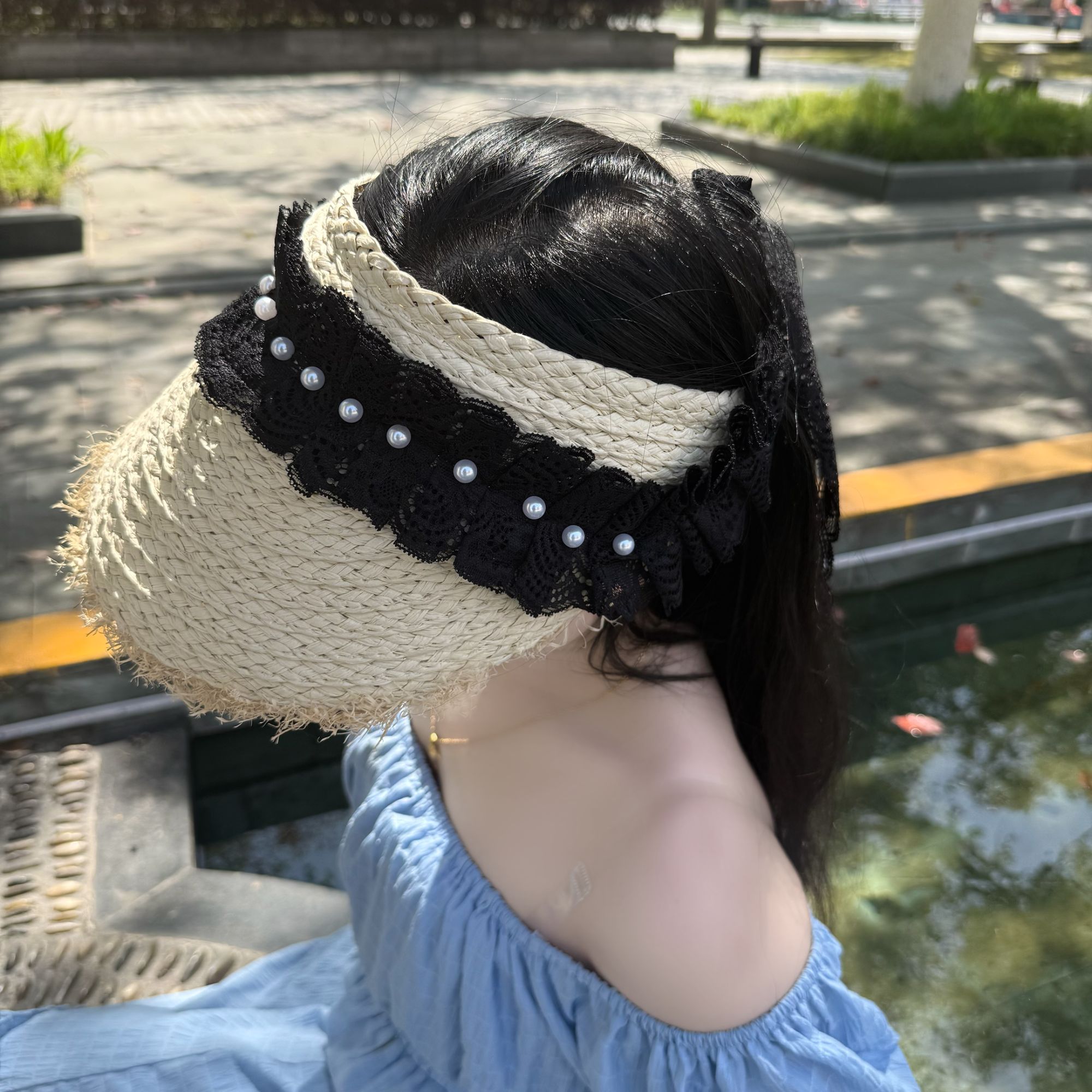 夏季遮阳空顶草帽仿珍珠黑色蕾丝绑带可系草编户外出游日常百搭
