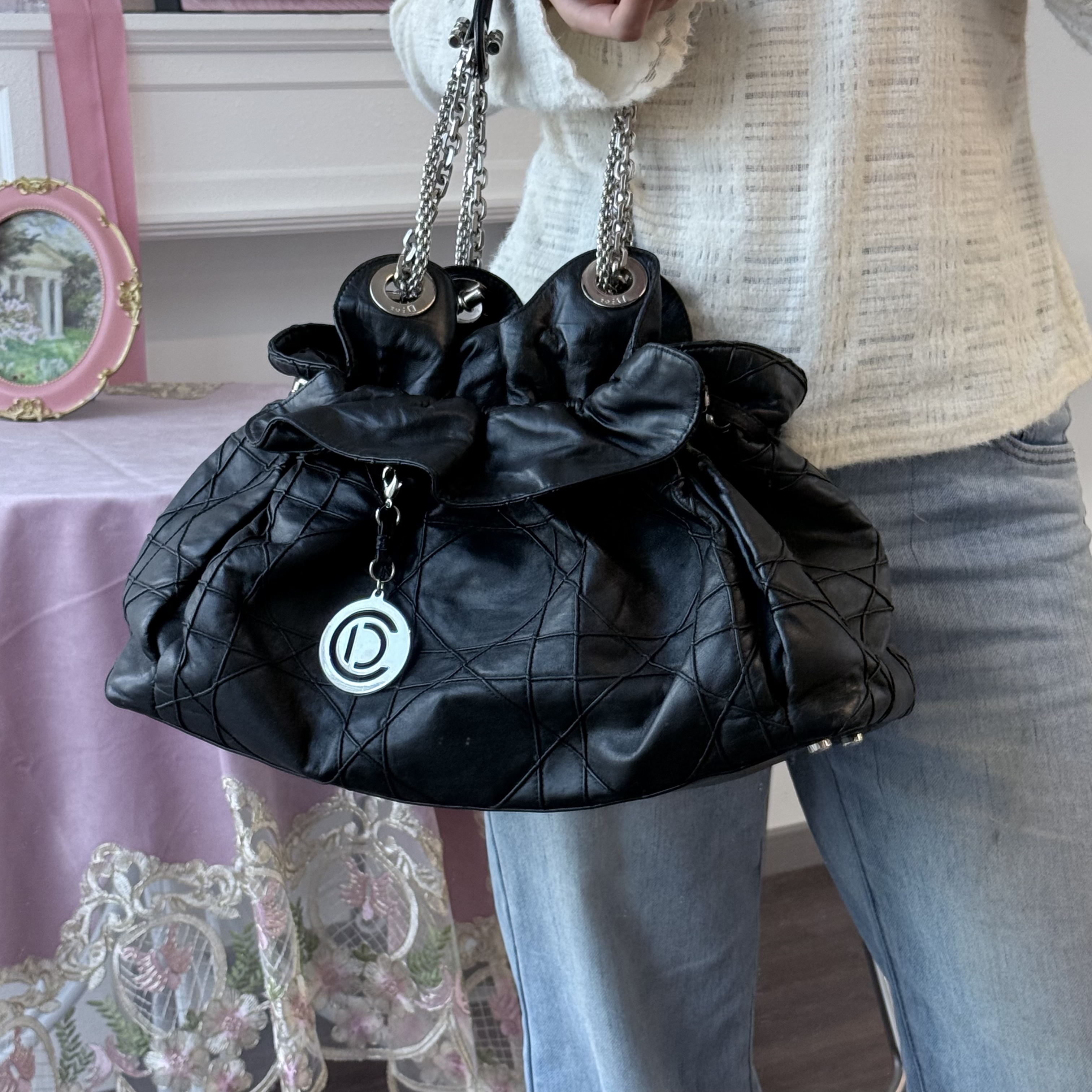 95新 DIOR/迪奥 dior黑银云朵链条包