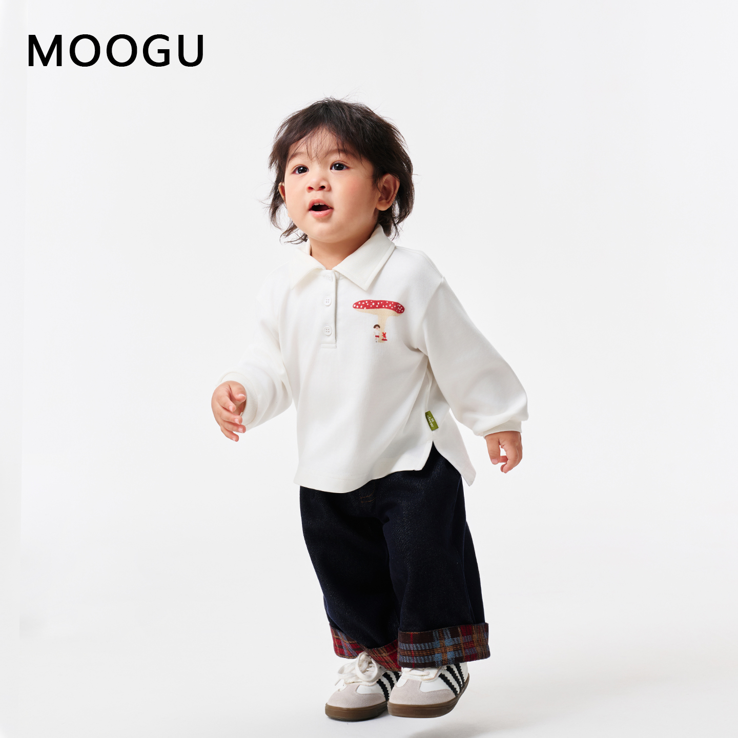 moogu男女童春秋polo领长袖t恤2025新款儿童休闲上衣小童MGAF5019