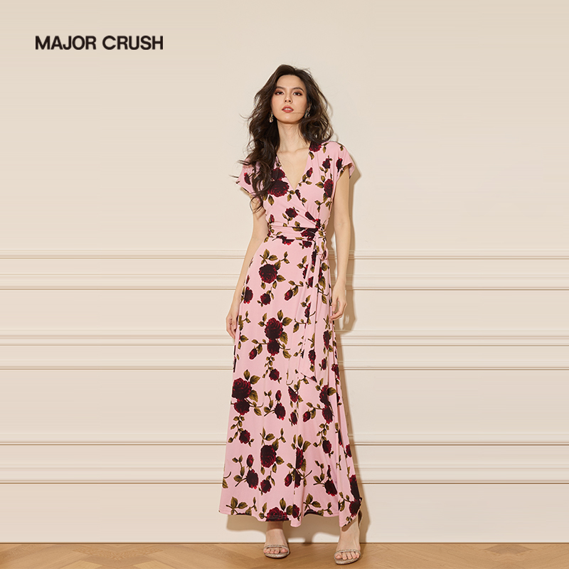 MAJOR CRUSH新款碎花显瘦早秋长款优雅玫瑰故事名媛裹连衣裙6977