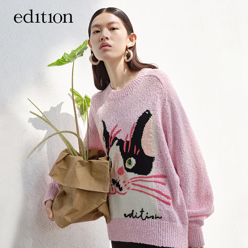 edition手绣猫咪图毛衣花式纱气质小众针织上衣#EBB1SWT001