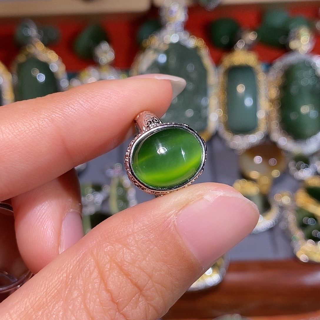和田玉（碧玉）银S925镀金镶嵌戒指