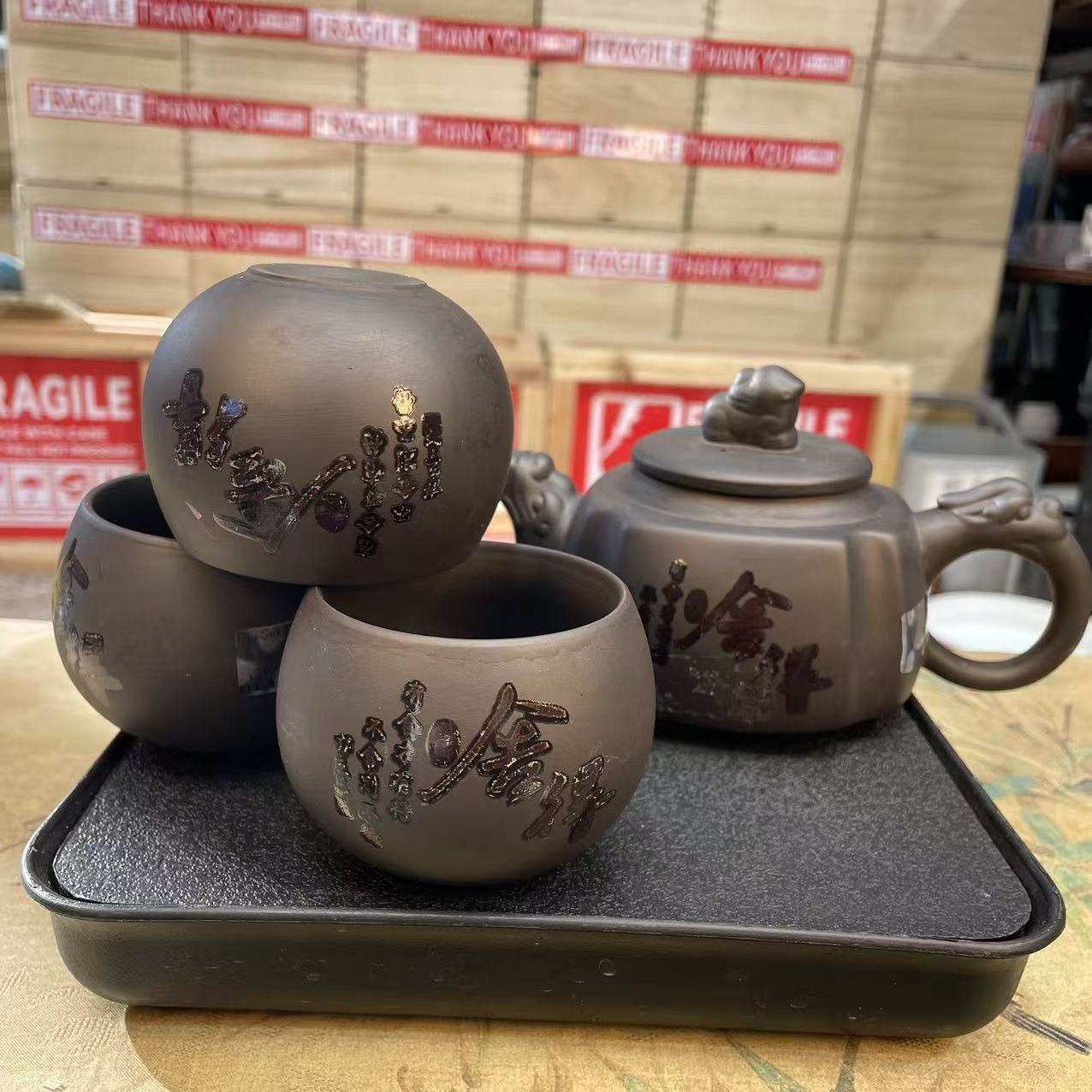 瓷韵优品 紫砂舍得变色貔貅四方壶加四杯家用小套组功夫茶具-2883