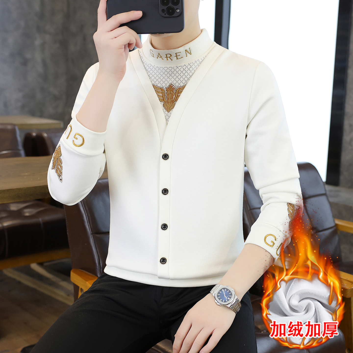 潮男轻奢时尚加绒加厚卫衣保暖时尚高档品质帅气套头百搭秋冬卫衣