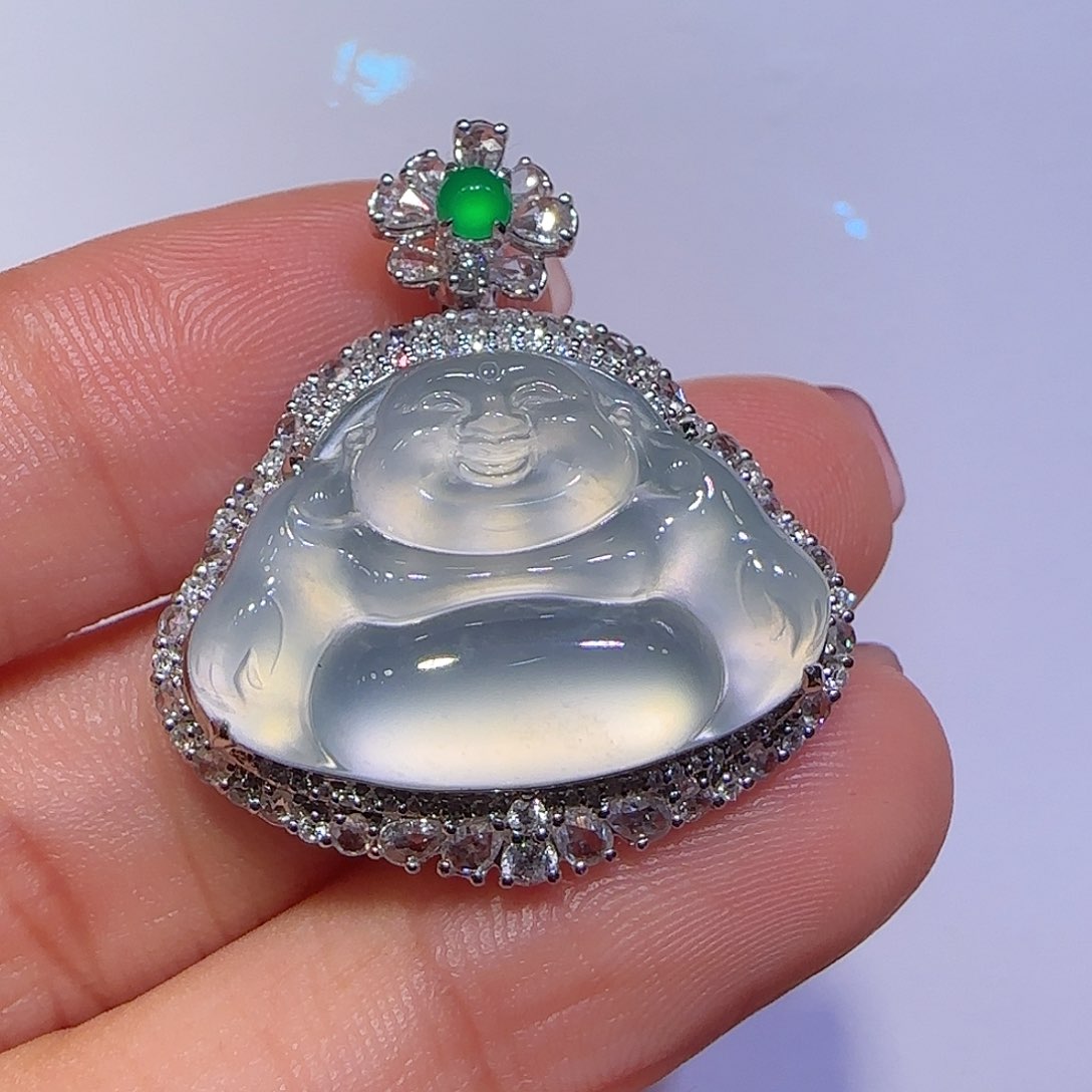 翡翠吊坠(不含链)18K金镶嵌佛公