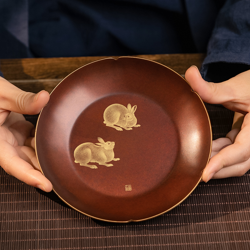 新中式复古黄铜梧桐双兔壶承茶杯托手工彩烧功夫茶配件