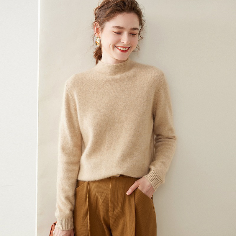 寒352羊绒衫加厚卷边半高领针织打底衫女秋冬宽松套头毛衣羊毛衫
