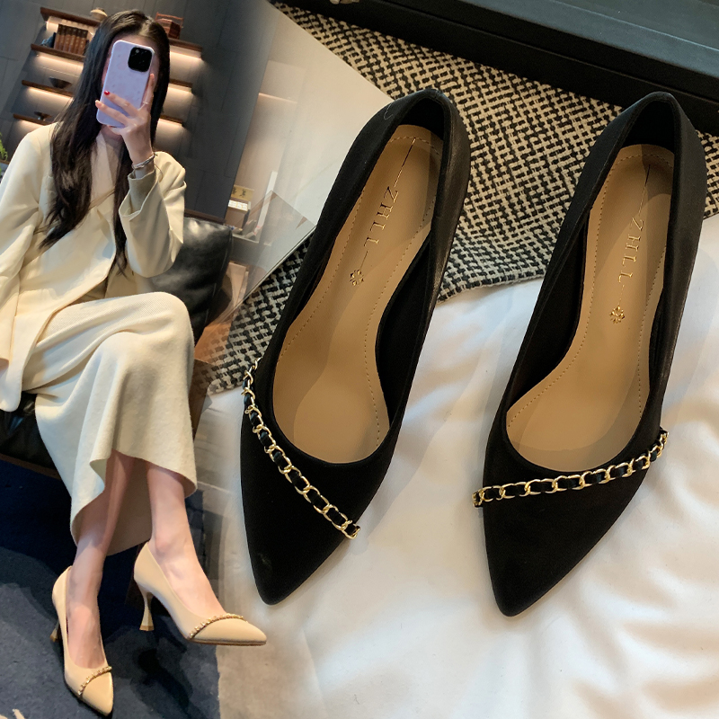 黑/卡其双色高跟鞋女细跟7cm气质高级感女单鞋宽脚胖脚大码女鞋