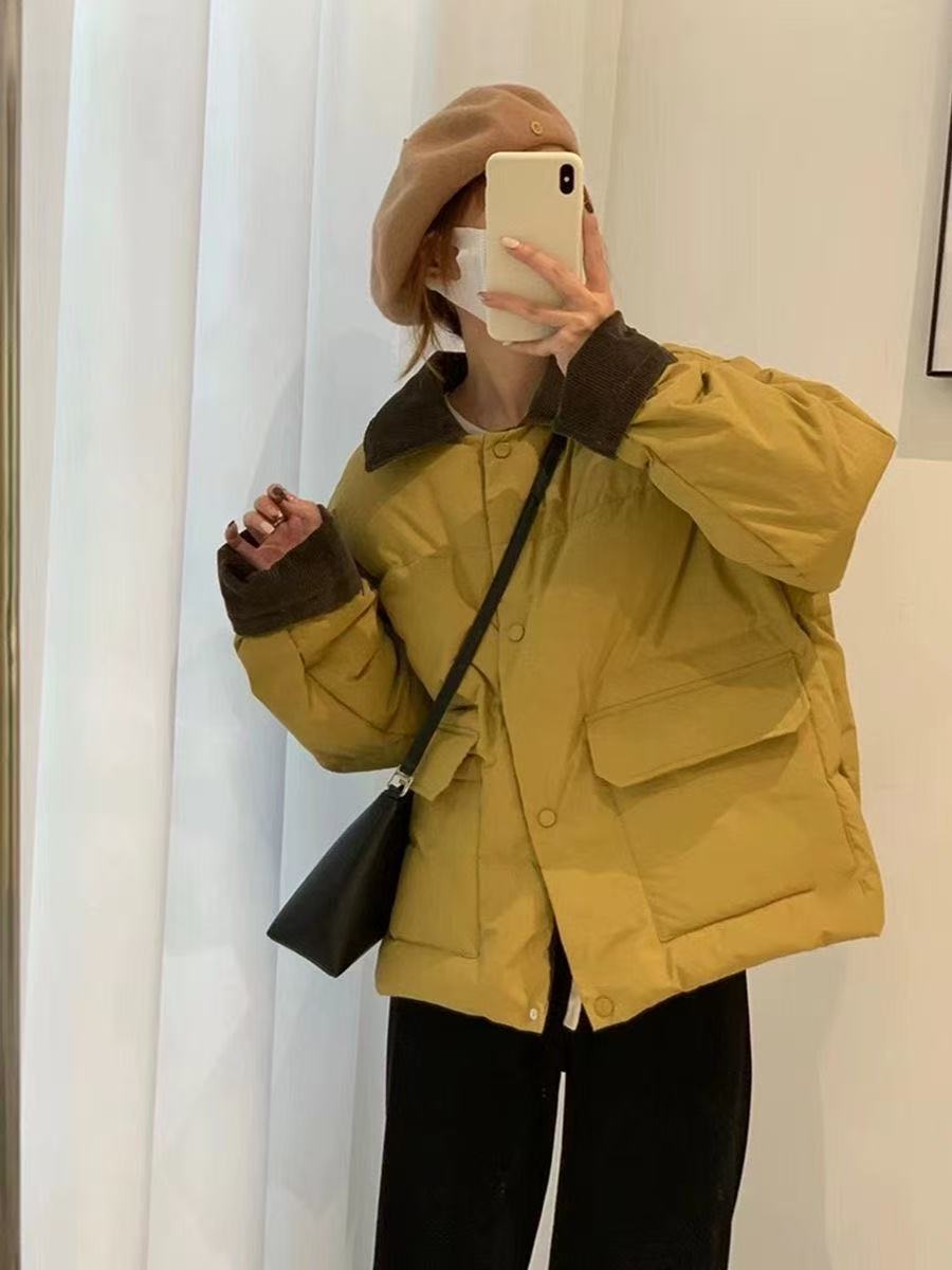 2025冬季翻领拼接灯芯绒夹棉保暖棉衣翻领百搭小个子棉服外套女