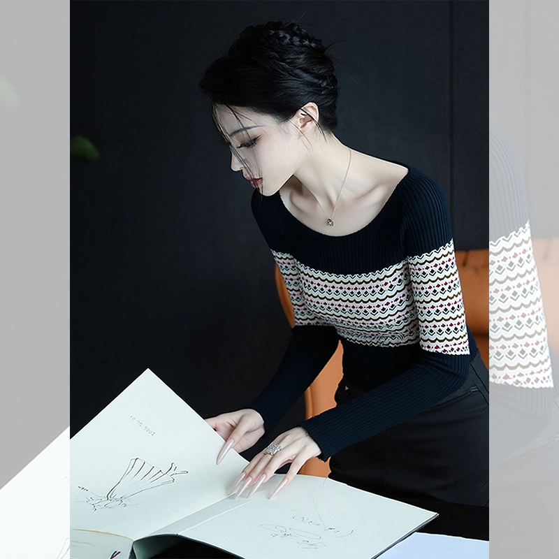 独特漂亮小衫女秋冬可外穿精致打底秋冬气秋拼接圆领修身针织衫女
