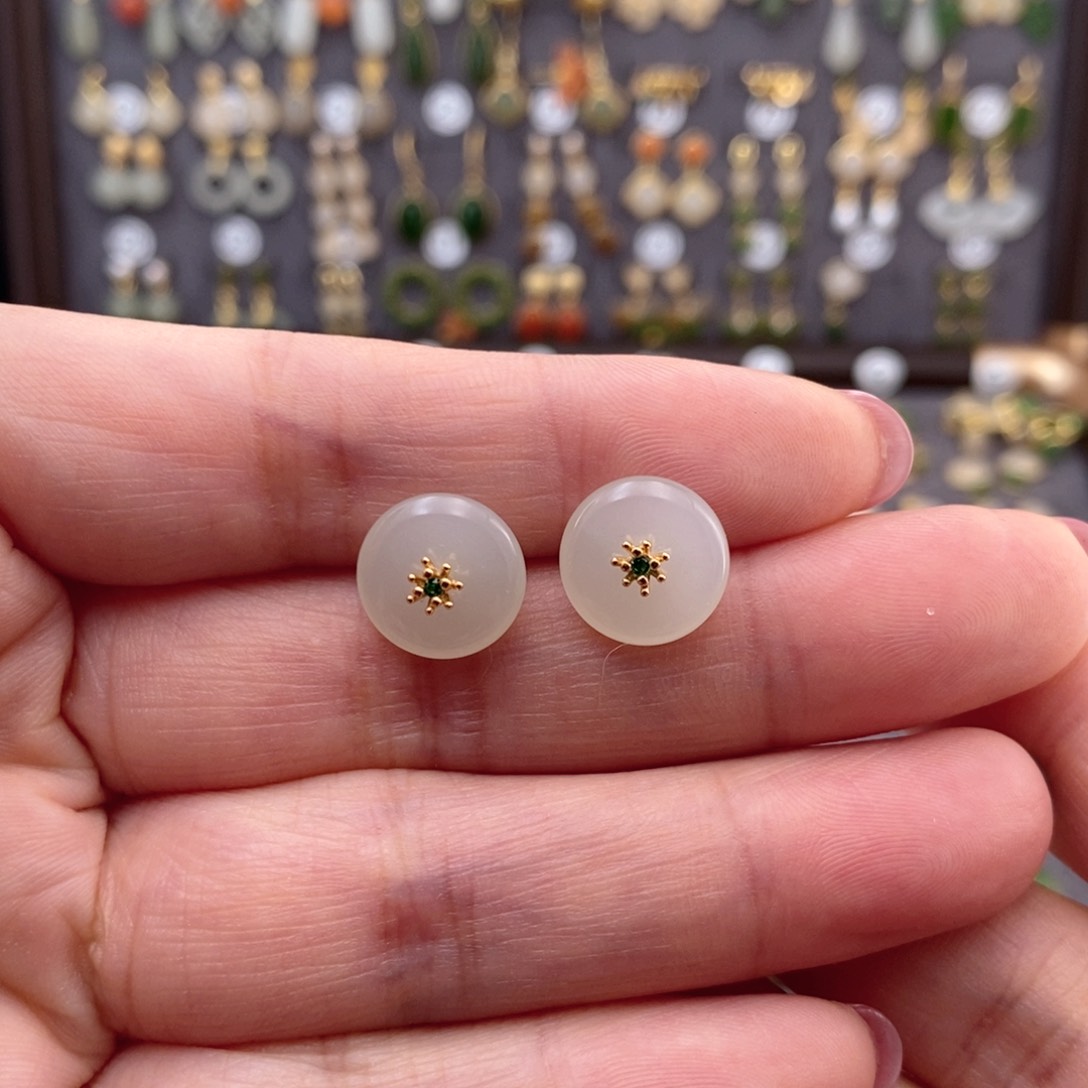 银S925镶嵌和田玉耳饰北*