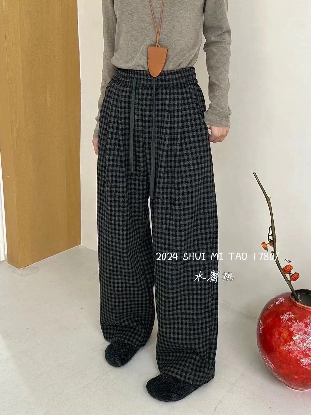 冬季新款直筒加绒格子裤