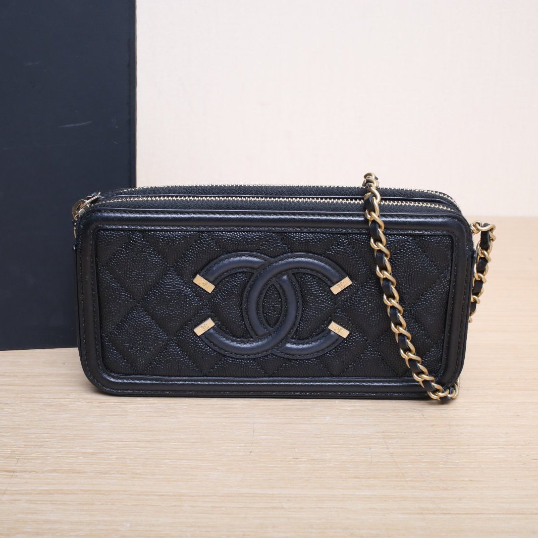 95新 Chanel/香奈儿 小花双双 黑色 25开 双C 大LOGO 相机包