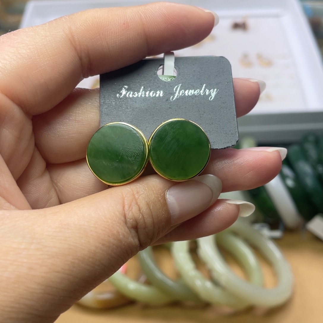 银S925镶嵌和田玉耳饰耳扣