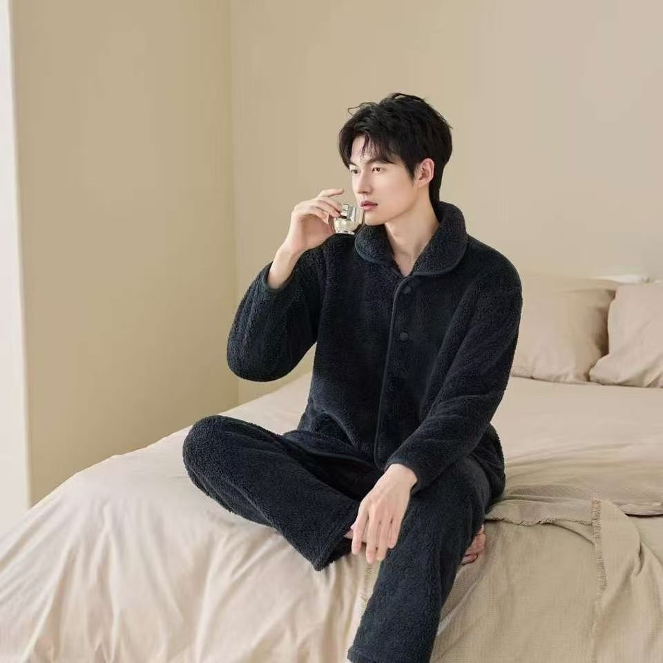2025可外穿男加绒加厚法兰绒雪花绒秋冬新款翻领家居服睡衣套装
