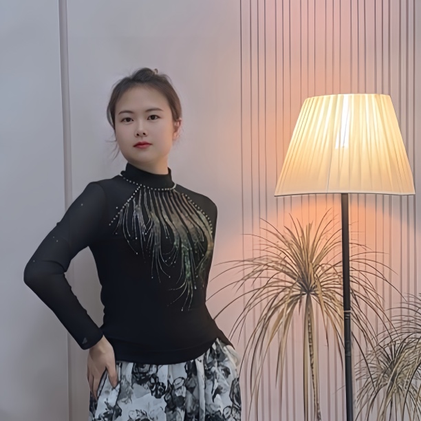 2025新款广场舞服装烫钻半高领上衣网纱袖性感显瘦舞蹈服女