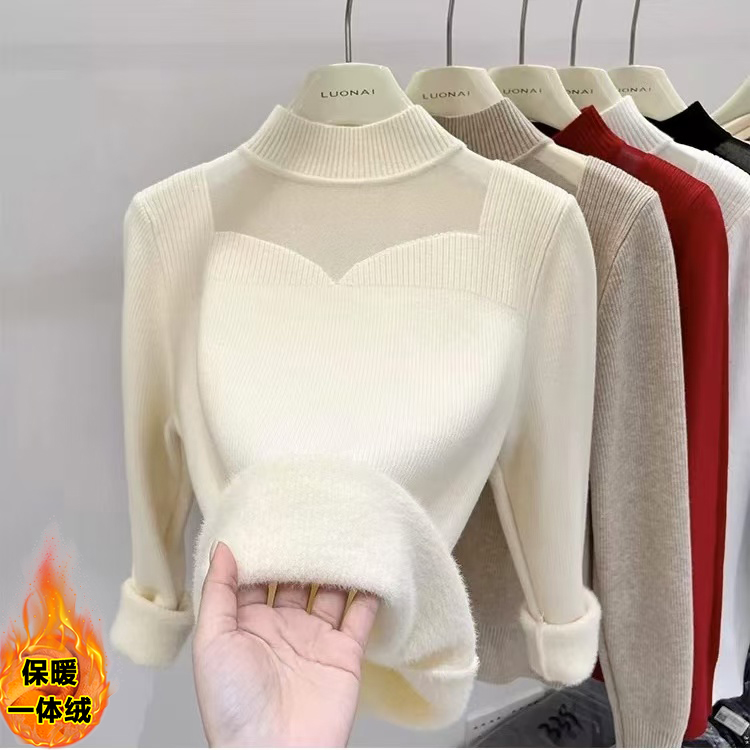 加绒加厚 一体绒   小众设计感网纱冬季内搭毛衣半高领打底衫女